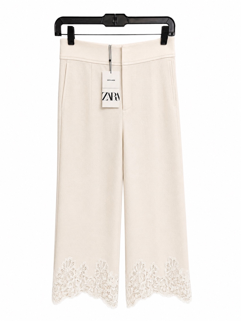 NWT ZARA Wide Leg Pants Lace Trim Cotton Linen Small LIMITED EDITION Ivory